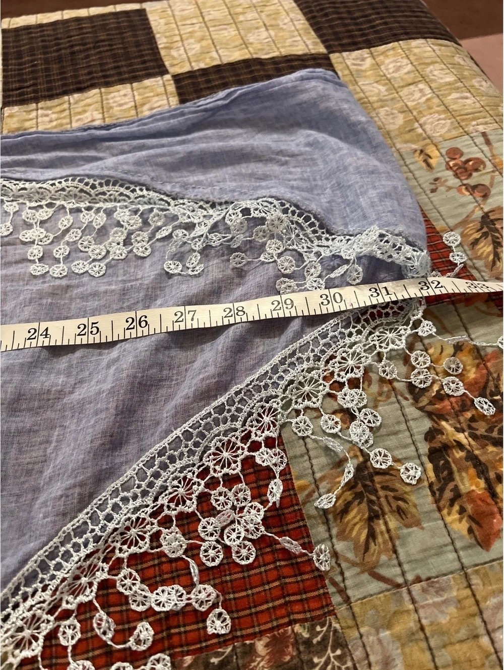 Vintage Blue Shawl with White Crochet Lace Trim